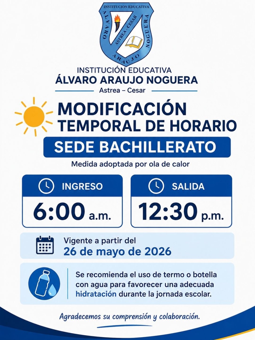 Institución Educativa Álvaro Araujo Noguera adopta modificación temporal de horario por ola de calor